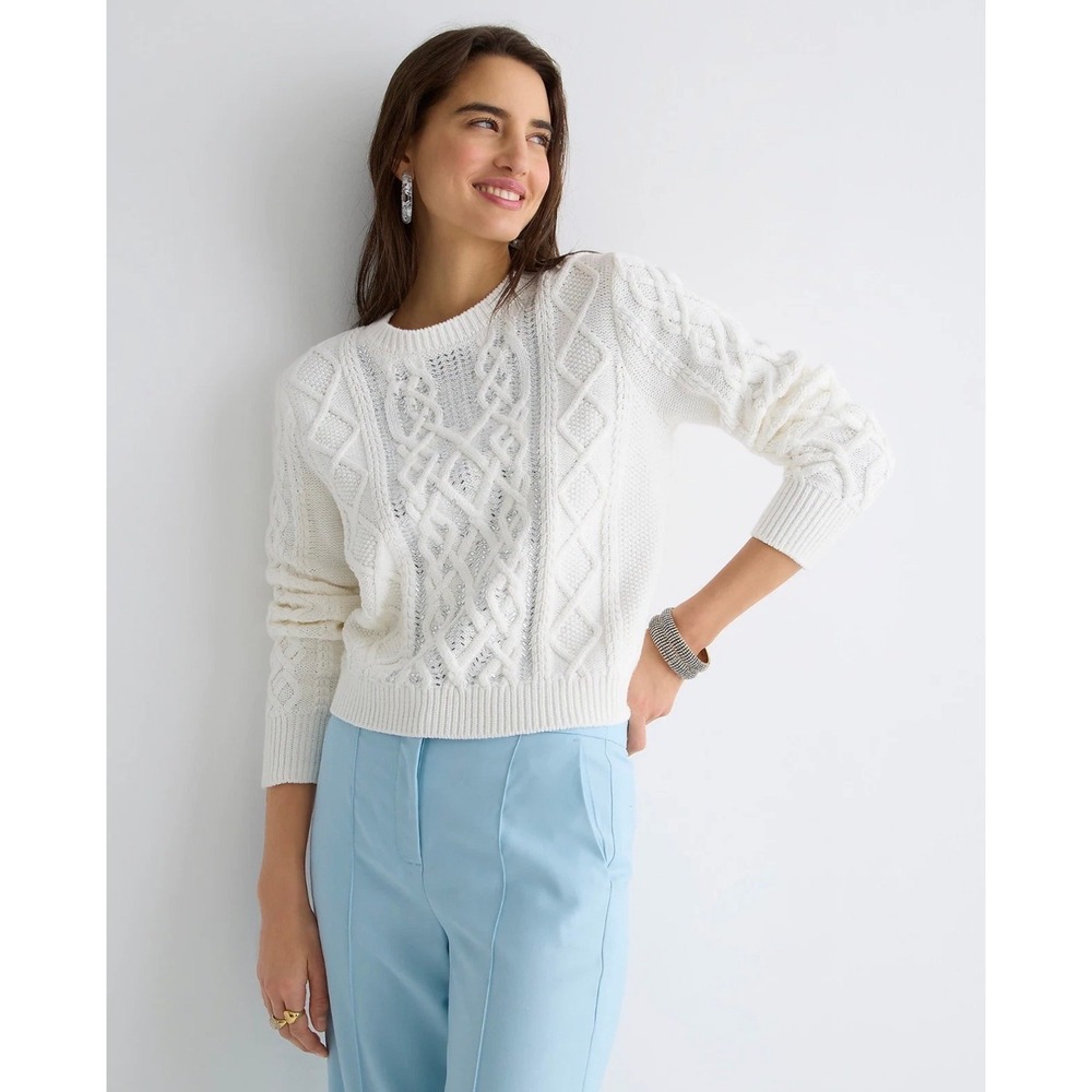J.Crew Ivory Cotton Cable Knit Crystal Beaded Sweater Size 2X Preppy Classic NWT